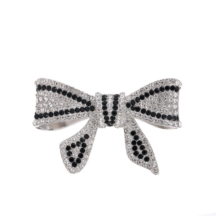 Black Silver Tone Ribbon Bow Crystal Metal Brooch Pin