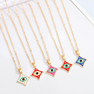Main product view of gold Tone Diamond Shaped Enamel Evil Eye Necklaces in Five Colors