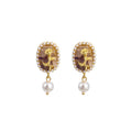 Oval Resin Cabochon Pearl Drop Earrings Gold Rose Motif view 5