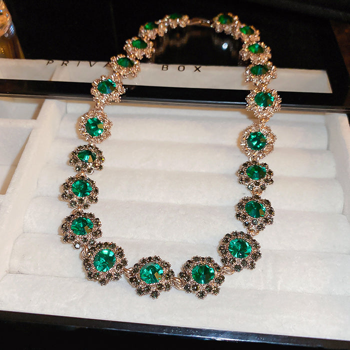 Green Crystal Flower Necklace Bracelet Stud Earrings Pieces