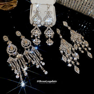 Silver Tone Crystal Chandelier Fringe Stud Earrings