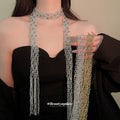 Blue Beaded Mesh Scarf Necklace With Polished Metal Tone Details view 1