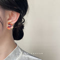 Orange Magenta Enamel Flower Stud Earrings Gold-Tone view 2