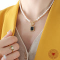 Freshwater Pearl Necklace Black Square Pendant OT Clasp view 3