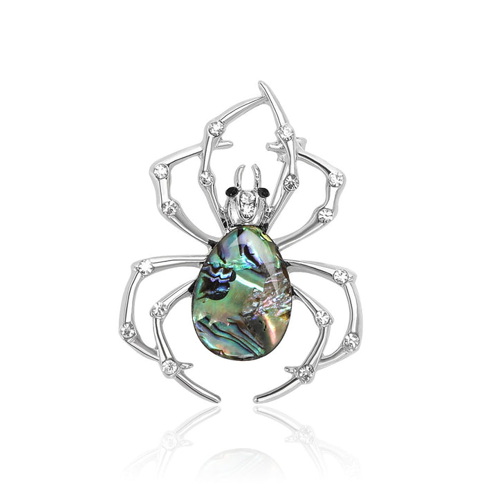 Silver Tone Spider Brooch With Iridescent Shell Abdomen