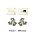 Gold Tone Blue Enamel Flower And Pearl Cluster Stud Earrings view 3