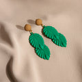 Matte Green Double Leaf Drop Earrings Camel Round Studs view 1