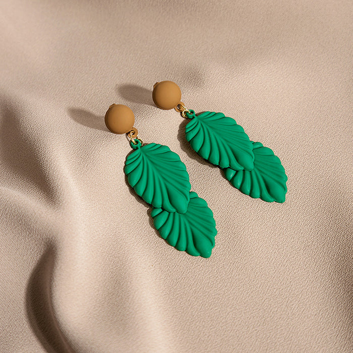Matte Green Double Leaf Drop Earrings Camel Round Studs