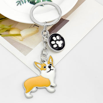 Enamel Corgi Dog Paw Print Silver-Tone Charm Keychain