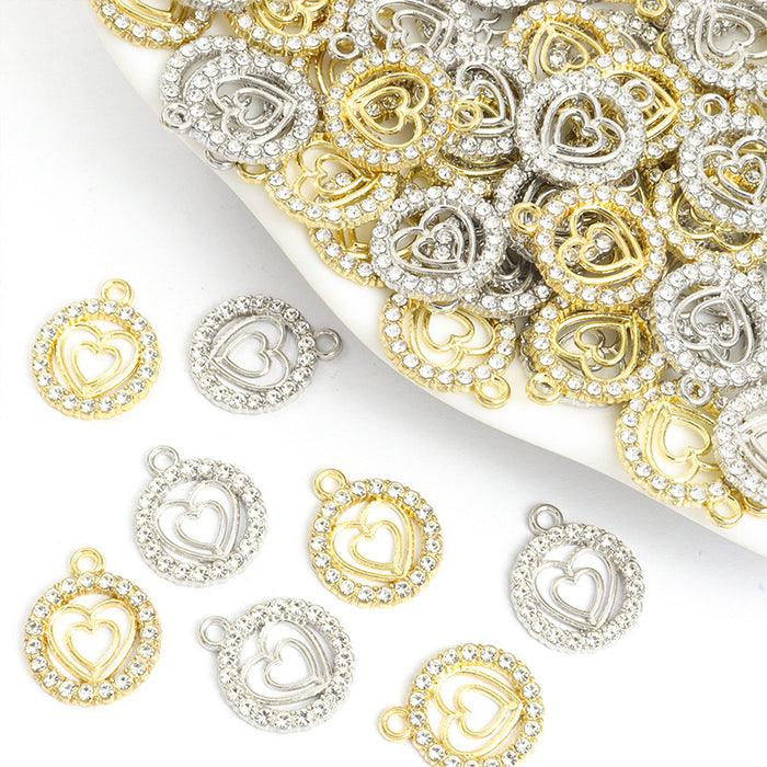 Round Crystal Heart Charms in Gold Tone and Silver Tone