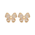 Gold Tone Bow Stud Earrings with Clear Stones and Pearl Centers view 5