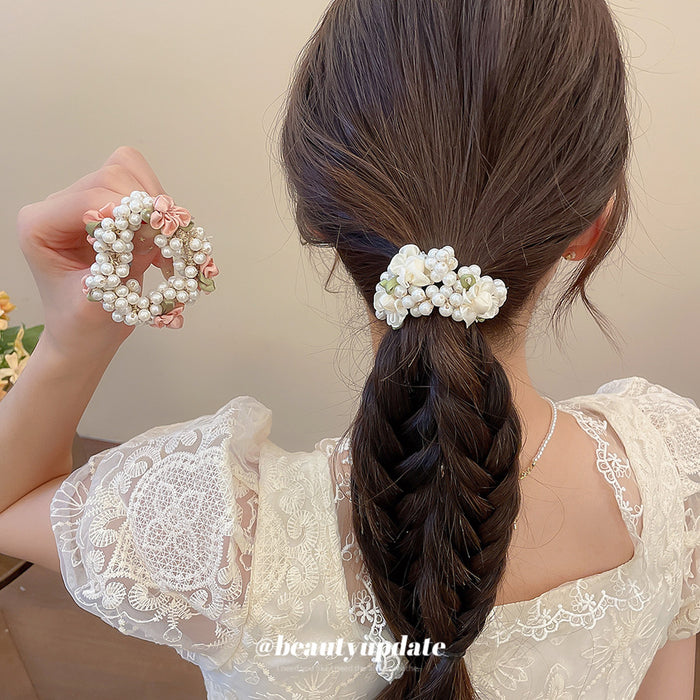 Pearl Satin Flower Hair Ties Pink White Ribbon Two Styles