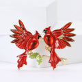 Pair of Red Cardinal Birds Enamel Brooch with Green Leaves view 1