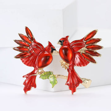 Pair of Red Cardinal Birds Enamel Brooch with Green Leaves
