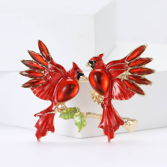 Pair of Red Cardinal Birds Enamel Brooch with Green Leaves