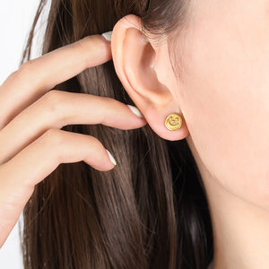 Gold Round Moon Star Embossed Mini Disc Stud Earrings