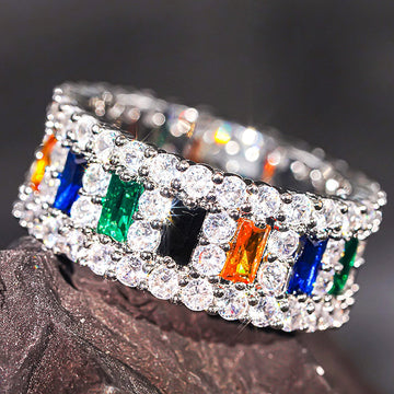 Silver Multicolor Baguette Geometric Band Ring Sizes 6-10