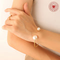 Open Cuff Faux Pearl Dual Ball Bangle Gold Steel Metal view 3