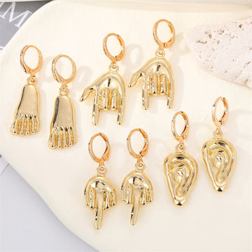 Gold Tone Body Part Motif Huggie Drop Earrings in Four Designs