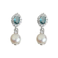 Silver Aqua Blue Crystal Halo Pearl Drop Stud Earrings view 5