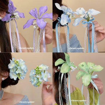 Fabric Iris Flower Duckbill Clips And Blue Bloom Hairpin