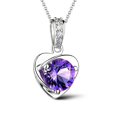 Purple Heart Crystal Pendant Necklace in Silver Tone