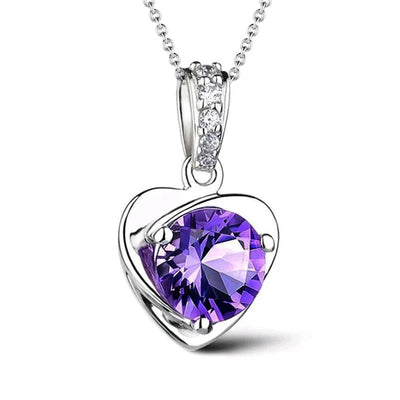 Front view of purple heart crystal pendant necklace in silver tone