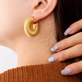 Gold Ribbed Threaded Disc Hinge Hoop Earrings Pair view 6