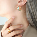 Gold Geometric Enamel Hoop Earrings Mint Gray Faceted Studs view 4
