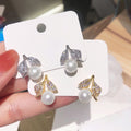 Faux Pearl Leaf Stud Earrings Gold Tone and Silver Tone view 3