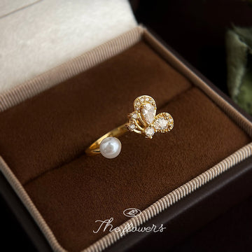 Gold Tone Clear Stone Butterfly And White Pearl Open Adjustable Ring
