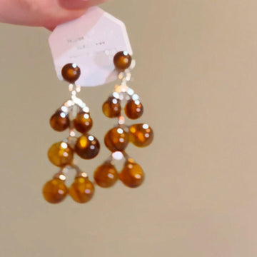 Brown Beaded Cluster Drop Earrings with Faceted Clear Accents