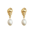 Gold Tone Spiral Seashell Stud White Pearl Drop Earrings view 5