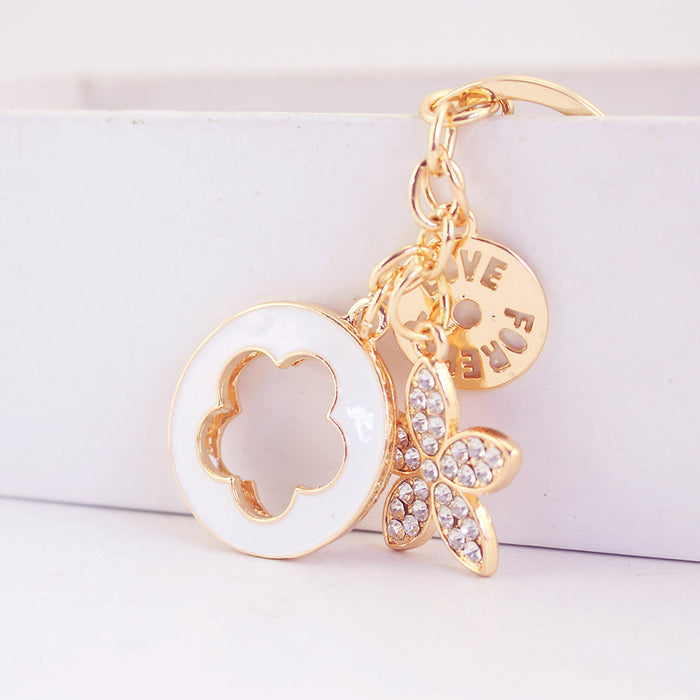 Rhinestone Four Leaf Clover Flower Keychain Metal Couple Charm