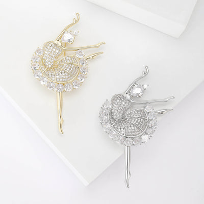 Front view of crystal Tutu Ballerina Brooch in Gold or Silver Tone against a white background.