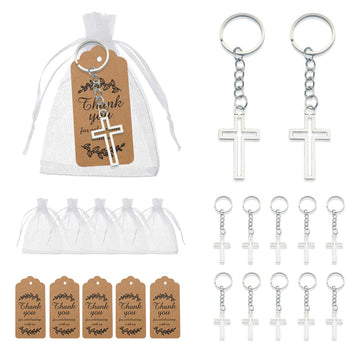 Silver Tone Outline Cross Keychain With Organza Bag And Tag Option
