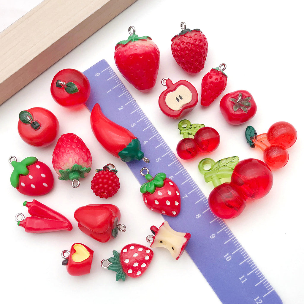 Acrylic Glossy 3D Apple Strawberry Cherry Chili Fruit Charm Pendants for DIY Keychain Jewelry