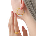 Steel C Hoop Earrings White Pearls Textured Metal Band view 4