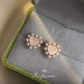 Gold Heart Stud Earrings Pink Crystal Pearl Halo Border view 1
