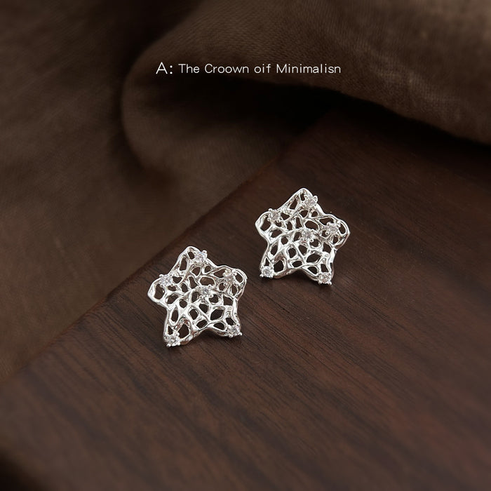 Silver Hollow Openwork Star Stud Earrings Clear CZ Accents