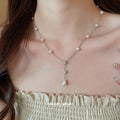 Silver Y Pearl Necklace Teardrop Pearl Crystal Flower view 1
