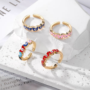 Adjustable Gold-Tone Alloy Evil Eye Open Ring in Four Enamel Colors