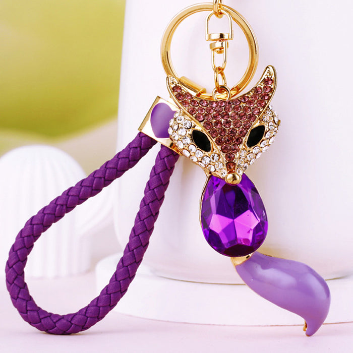 Purple Jeweled Fox Head Keychain with Teardrop Crystal Accent