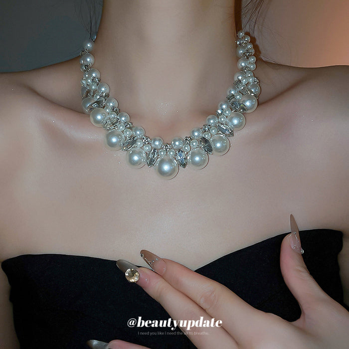 White Pearl and Crystal Cluster Collar Necklace with Detailed Finish