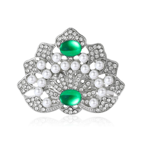 Silver pearl floral brooch with green oval cabochons front
