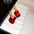 Gold Tone Red Petal Dangle Earrings With Layered Fabric Flowers view 2