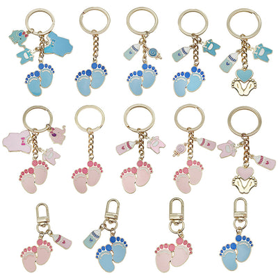 Catalog view of the pictured pink and blue baby footprint metal keychain on a light background