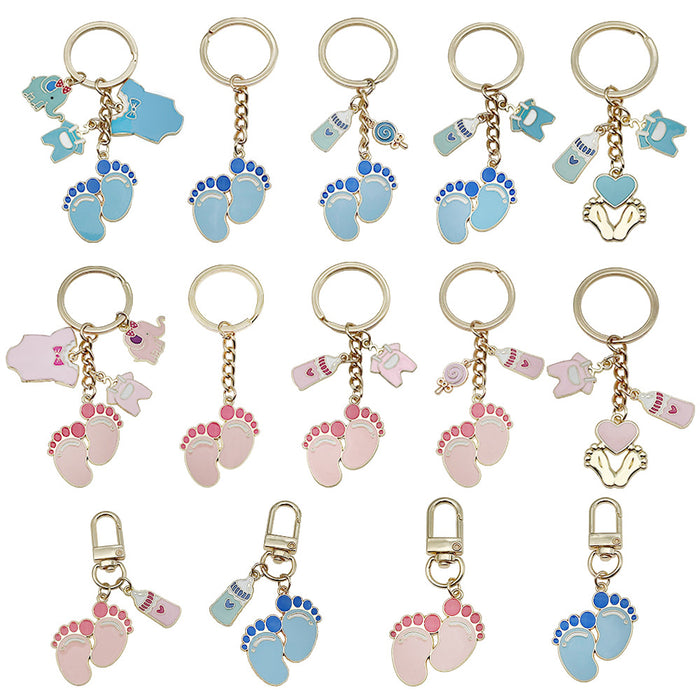 Fourteen Pink and Blue Baby Footprint Metal Keychain Designs