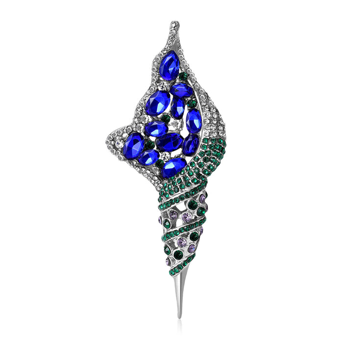 Spiral Seashell Brooch With A Long Openwork Shell Set With Blue, Green, And Clear Stones