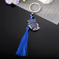 Silver Tone Crystal Blue Evil Eye Owl Tassel Split Ring Keychain view 2